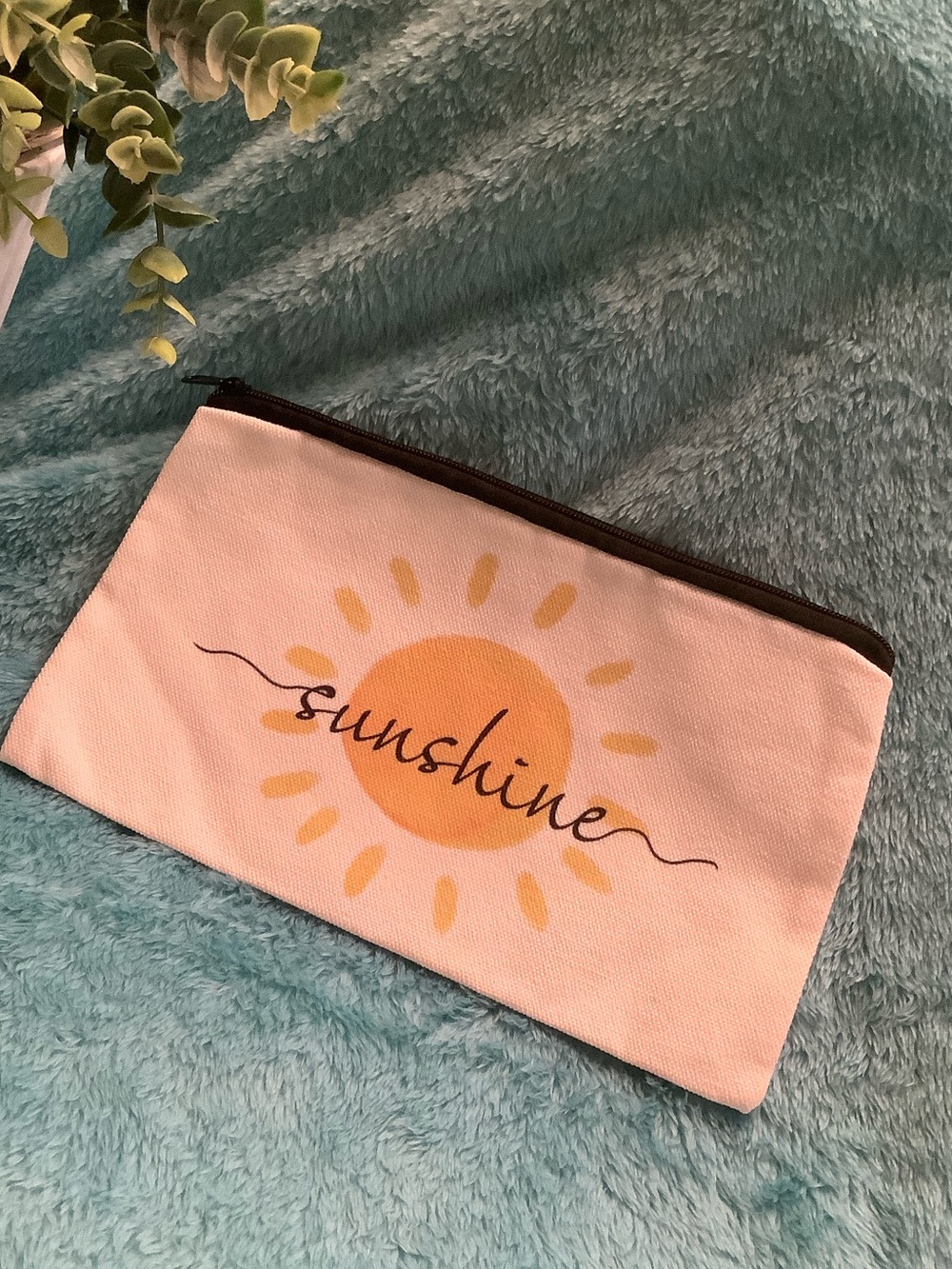 Sunshine Summer Cosmetic Bag Zipper Pouch Yellow Sun on Ivory Cotton Canvas NWT